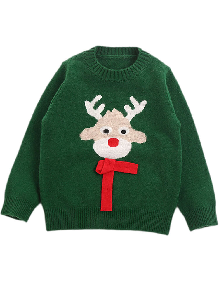 Kids Christmas Reindeer Cashmere Sweater with 3D Bow
